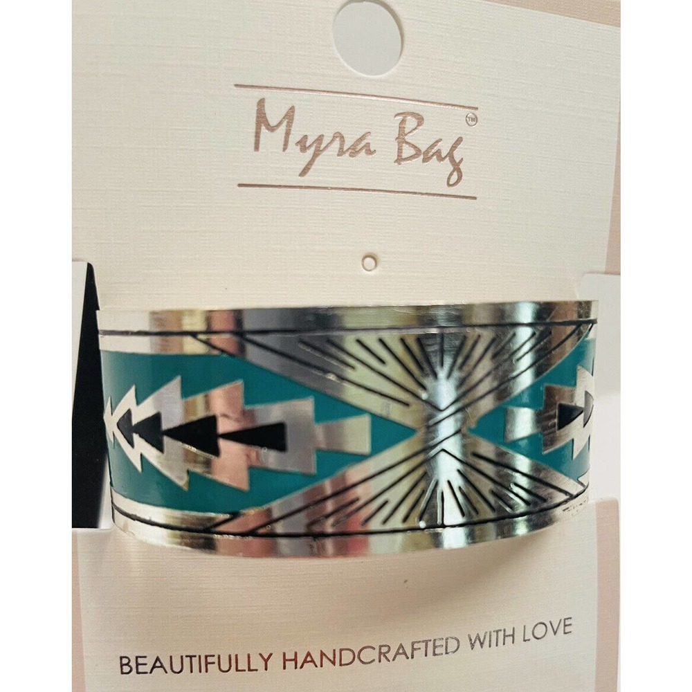 Day Rise Etched Metal Cuff Bracelet Turquoise Silver -tone Metal - Myra 8281 New